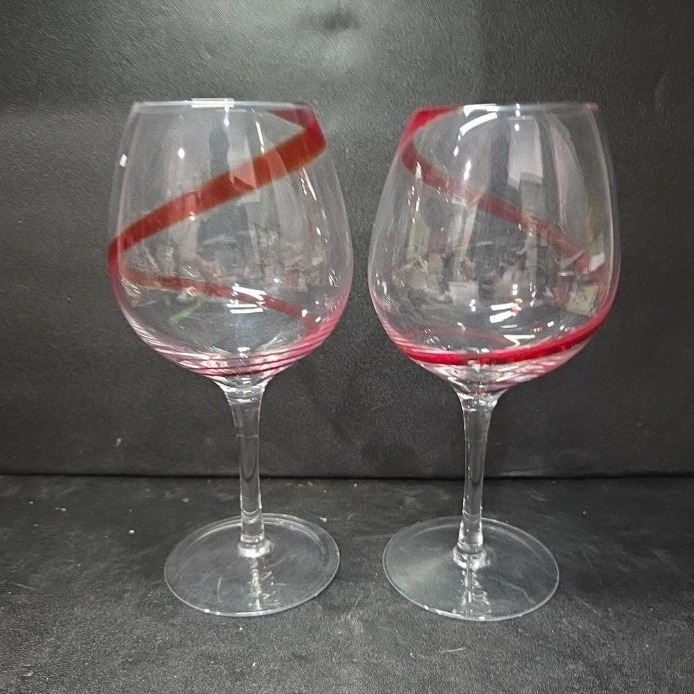 Pier 1 Red Swirline Balloon Wine Glasses, Set Of 2, Vintage Stemware Replacement